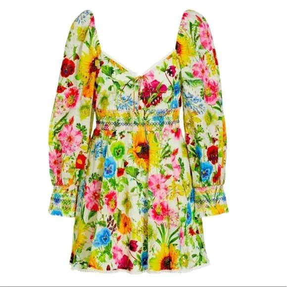 alice olivia crawford smocked mini dress Alice + Olivia White Crawford Sweetheart Eyelet Smocked Mini Dress Size 6